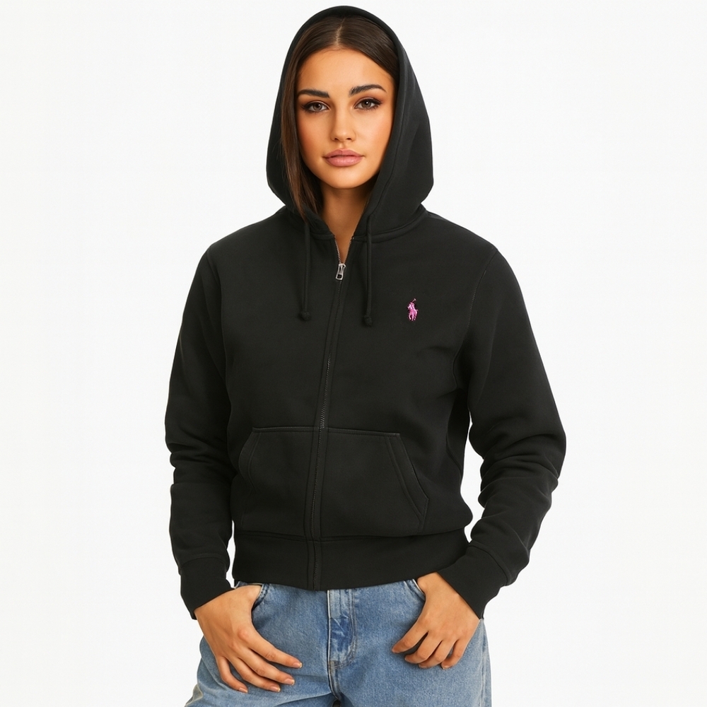 Ralph Lauren Sport 90s Vintage Black Zip Hoodie w Pink Pony
